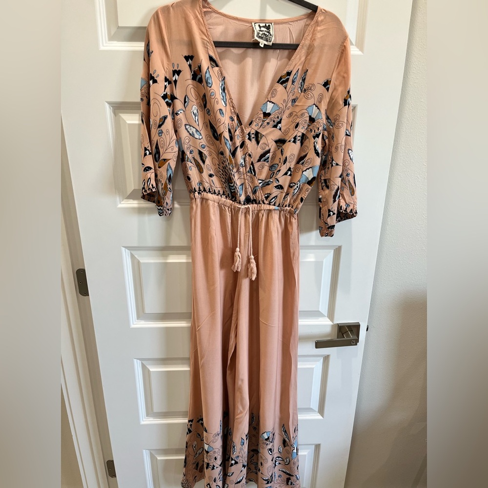 JAASE Jumpsuit Pale Pink Blue Flutter Sleeve Wide Leg Drawstring Tassel Hippie.